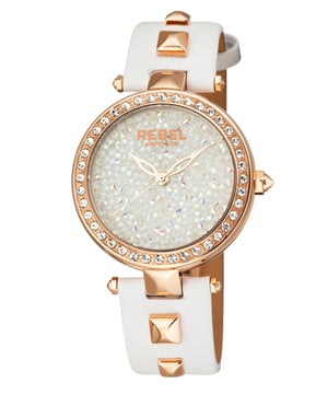 “T  oo fabulous to fit in”          This line, which is quoted on the caseback of the watch, is the essence of the Rockaway Parkway collection.    The crystal filled dial and crystal bezel    meet a leather band with two studs on each BACK. The beauty of this watch is truly too fabulous for pretentiousness.Rebel Rockaway Parkway White Dial Women's Watch RB101-8031
Rebel Women's Watch from the Rockaway Parkway Collection
Round 316L Stainless Steel Gold Case
White Dial, Mineral Crystal w/ Sapphire Coating
White Leather Band with Tang Buckle
Water Resistance: 5 ATM (50 meters, 165 feet)
11mm Case Thickness, 40mm Case Diameter, 20mm Band Width
Quartz Movement