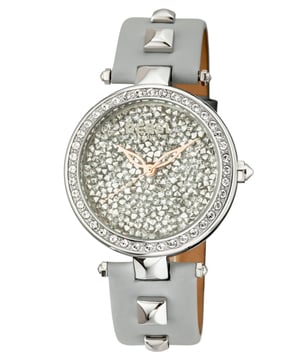 “T  oo fabulous to fit in”          This line, which is quoted on the caseback of the watch, is the essence of the Rockaway Parkway collection.    The crystal filled dial and crystal bezel    meet a leather band with two studs on each BACK. The beauty of this watch is truly too fabulous for pretentiousness.Rebel Rockaway Parkway Silver Dial Women's Watch RB101-4161
Rebel Women's Watch from the Rockaway Parkway Collection
Round 316L Stainless Steel Silver Case
Silver Dial, Mineral Crystal w/ Sapphire Coating
Grey Leather Band with Tang Buckle
Water Resistance: 5 ATM (50 meters, 165 feet)
11mm Case Thickness, 40mm Case Diameter, 20mm Band Width
Quartz Movement