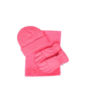 100% Polyester. Fabric: Fleece, Knitted, Soft Touch. Cuff: Adjustable Wrist Strap. Contents: 1 Beanie, 1 Neck Gaiter, Gloves. Reversible. Water Resistant.
