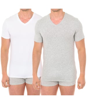 Pack-2 short sleeve t-shirts.
 Color Gray-white
 V-neck with ribbed finish.
 Made of cotton.
 Stretch fabric.
 No side seams.

 Composition:
 - 95% Cotton - 5% Elastane.

 Care:
 - Wash at max. 30º.
 - Do not use bleach.
 - Do not use dryer.
 - Iron at max. 110º.
 - Do not dry clean.
 Composition: 95% Cotton, 5% Elastane
 Care:
Wash at max temperature 30º.
 - Do not use bleach.
 - Do not use dryer.
 - Iron at max temperature. 110º.
 - Do not dry clean.
