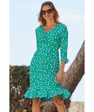 REASONS TO BUY:

You can always rely on a printed dress
Fit &amp; flare, ruched front - it doesn't get more flattering
V-neckline suits all boobs
Gorgeous ruffle hem
Eye-catching print
You'll wear it for work and play