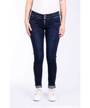 Five-Pocket-Jeans mit mittelhohem Bund. In Skinny-Fit mit speziellen Teilnähten und verwaschener Optik. Besonderer Button-Fly vorne mit Metallknöpfen und hellen Kontrastnähten.