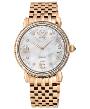 GV2 Reloj para Mujer Ravenna de Cuarzo Suizo con Diamantes Reloj para Mujer GV2 con Diamantes Suizos de la Colección Ravenna 37 mm redondo Acero inoxidable 316L IPG Bisel de Corte de Diamante en el Estuche Esfera Mosaico de Nácar Blanco, 8 Diamantes en la Esfera Corona Push/Pull, Números Arábigos e Indicadores Pulsera IPG de Oro Rosa con Hebilla de Despliegue Cristal de Zafiro Antirreflectante Resistente al Agua hasta 50 metros/5ATM Movimiento de Cuarzo Suizo, Ronda 762