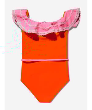 Nessi Byrd incorporate captivating materials into their everyday luxury swimwear. This girls Pina orange and pink swimsuit is reflective of the New York label's meticulous attention and preference for vibrant aesthetics. The top is depicted with a ruffled top and a bordered belt with a crochet flower accessory. Elasticated 80% Polyamide 20% Elastane