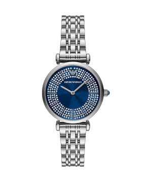 This Emporio Armani T-bar Analogue Watch for Women is the perfect timepiece to wear or to gift. It's Silver 32 mm Round case combined with the comfortable Silver Stainless steel watch band will ensure you enjoy this stunning timepiece without any compromise. Operated by a high quality Quartz movement and water resistant to 5 bars, your watch will keep ticking. Classic and charming watch perfect for every lady who likes to be the centre of attention. High quality 19 cm length and 13 mm width Silver Stainless steell strap with a Deployment clasp Case diameter: 32 mm,case thickness: 7 mm, case colour: Silver and dial colour: Blue