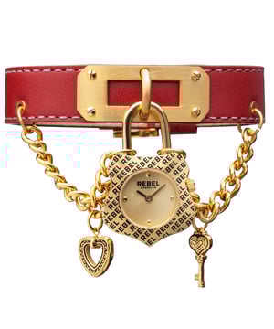 Rebel Women's RB114-9051 SeagateRebel Seagate Gold Dial Women's Watch RB114-9051
Rebel Women's Watch from the Seagate Collection
Round 316L Stainless Steel Gold Case
Gold Dial, Mineral Crystal w/ Sapphire Coating
Red Leather Band with Tang Buckle
Water Resistance: 5 ATM (50 meters, 165 feet)
7mm Case Thickness, 25mm Case Diameter, 16mm Band Width
Quartz Movement
