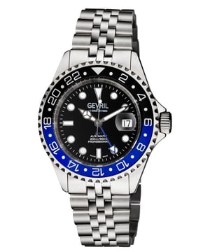 Un accesorio para el éxito. Un reloj distintivo fabricado en Suiza siempre es una inversión segura. Con reminiscencias artísticas del famoso horizonte de la ciudad de Nueva York, cada reloj de la Colección Gevril Wall Street capta la atención con un diseño arquitectónico de acero inoxidable. El bisel giratorio unidireccional enmarca un cristal de zafiro resistente a los arañazos y anti-reflejos. Detallado a la perfección, una lente aumentada muestra índices y manecillas luminosas en contraste con el dial. La forma nunca se sacrifica por la función: cada reloj es resistente al agua hasta 200 metros y cuenta con una pulsera de acero inoxidable con cierre desplegable. Disponible en una serie de elegantes combinaciones de colores de dial, la Colección Wall Street hace una declaración contundente.

Reloj suizo Gevril de la Colección Wall Street
Caja de acero inoxidable 316L con acabado satinado de 43mm, bisel giratorio unidireccional
Corona de rosca con logo de Gevril
Índices reales luminosos en el dial, manecillas luminosas, bisel cerámico negro/azul
Fecha a las 3 en punto, lente aumentada
Cristal de zafiro resistente a los arañazos y anti-reflejos
Brazalete jubileo de acero inoxidable 316L con cierre desplegable
Resistente al agua hasta 200 metros/20 ATM
Movimiento automático suizo GMT SW330