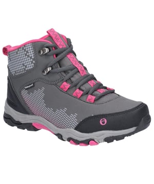 Upper: Textile and synthetic. Lining: Waterproof membrane. Sole: TPR. Fastening: Lace up. Childrens hiking boot, ideal for trail and hill walking. Front and rear pull loops allow for easy fitting and speed hooks for an easy-off.
