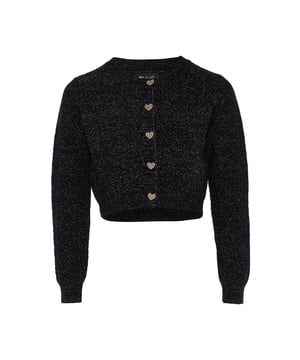Dit glinsterende vestje van myMo at night is gebreid met een metallic garen en dankzij de hartjesknoopjes met strass bies ben jij er klaar voor het volgende feestje. Ribgebreide manchetten maken het ontwerp compleet.  Vest trui