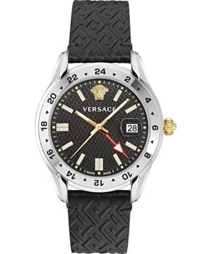 This Versace Greca Time Gmt Analogue Watch for Men is the perfect timepiece to wear or to gift. It's Silver 41 mm Round case combined with the comfortable Black Leather watch band will ensure you enjoy this stunning timepiece without any compromise. Operated by a high quality Quartz movement and water resistant to 5 bars, your watch will keep ticking. This high quality watch is an incredible eye-catching Men watch. This Analogue watch has a calendar function: Date , Luminous Hands , Luminous Numbers and has a Swiss Made Movement High quality 21 cm length and 20 mm width Black Leather strap with a Buckle Case diameter: 41 mm,case thickness: 9 mm, case colour: Silver and dial colour: Black