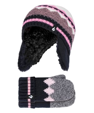 Verabschieden Sie sich von kalten Wintertagen mit diesen nordisch gemusterten Mützen und Fäustlingen für Mädchen. Egal, ob Ihre Tochter Schneeengel macht oder einen Spaziergang im Schnee genießt, diese Mützen und Fäustlinge halten ihre kleinen Köpfe und Hände garantiert warm! Diese Mützen und Fäustlinge für Mädchen sind mit der Heatweaver-Isolierung ausgestattet, einem plüschigen, pelzähnlichen Futter, das die Menge an warmer Luft, die nahe an der Haut gehalten wird, maximiert und so Kopf, Ohren und Hände Ihrer Kinder länger warm hält! Heat Holders ist bekannt für seine unglaublich warmen Materialien, insbesondere für das von ihm entwickelte Thermogarn, das eine leistungsstarke Isolierung gegen Kälte und eine hervorragende Feuchtigkeitsregulierung bietet. Durch die dehnbare Konstruktion passen sich diese Mützen und Fäustlinge der natürlichen Form des Kopfes und der Hände Ihres Kindes an und sorgen so für eine bessere, verbesserte Passform. Dank des Hightech-Thermofutters HeatWeaver® halten diese Mützen und Fäustlinge auch bei größter Kälte warm, sind bequem und modisch! Für den perfekten Winter-Look sind diese Mützen und Fäustlinge für Mädchen mit einem nordischen Muster gewebt, das jedes Winter-Ensemble vervollständigt! Die Mützen und Fäustlinge haben ein farblich passendes Blockdesign für ein lustiges und stilvolles Modestatement! Die Mütze ist mit einem rosafarbenen Streifen an den Handgelenken und um die Mütze herum versehen. Die Fäustlinge haben ein langes Umschlagbündchen, das Sie an die Größe des Handgelenks Ihres Kindes anpassen können. Die Fäustlinge haben auch einen großzügigen Bereich für die Hände Ihres Kindes. Sie haben außerdem ein weiches, gebürstetes Innenfutter, das für maximale Wärme und Komfort sorgt. Die langen Ohren passen bequem um die Ohren, um Wärme und Wärme nahe an der Haut zu halten.