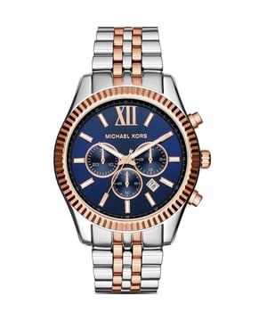 BUY Michael Kors MK8412 Mens Watch. Case material is Two-tone steel and gold plate while the dial colour is blue. The watch features include a chronograph, date function and has a water resistance of 100 metres. EAN 0796483174887