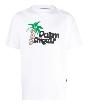 Het kenmerkende Palm Tree-logo van Palm Angels krijgt een speels herontwerp voor AW23 en verschijnt hier in een kleurrijk geschetst effect. De belettering van het merk is ook weergegeven in bubbelletters.