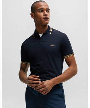 A contemporary polo shirt cut to a defined fit by BOSS Menswear, created in stretch cotton with contrast stripes and branding.

Slim fit
Flat-knit collar
Number of buttons: 2
Short sleeves
Flat-knit cuffs
Standard length
92% Cotton, 8% Elastane

50506193