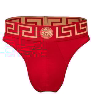 Eleganter Herren Tanga der Marke VERSACE. Hochwertiger Slip mit Greca-Muster und Medusa-Motiv am elastischen Bund. Sehr hohe Qualität.