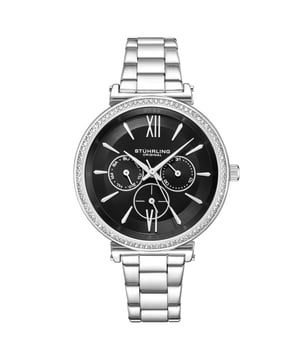 Damen-Multifunktionsuhr, silbernes Gehäuse und Armband, schwarzes Zifferblatt