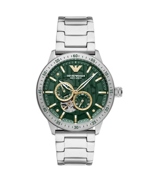 This Emporio Armani Mario Multi Dial Watch for Men is the perfect timepiece to wear or to gift. It's Silver 43 mm Round case combined with the comfortable Silver Stainless steel watch band will ensure you enjoy this stunning timepiece without any compromise. Operated by a high quality Automatic movement and water resistant to 5 bars, your watch will keep ticking. This watch has an automatic watch movement ( recharged by any movement with your wrist; never needs a battery) -The watch has a function: 24-hour Display High quality 21 cm length and 22 mm width Silver Stainless steel strap with a Deployment clasp Case diameter: 43 mm,case thickness: 14 mm, case colour: Silver and dial colour: Green