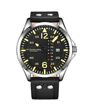 Herrenuhr mit silberfarbenem Quarzgehäuse, schwarzem Zifferblatt und schwarzem Lederarmband