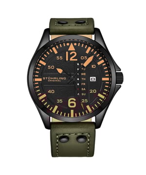 Herrenuhr mit schwarzem Quarzgehäuse, schwarzem Zifferblatt und grünem Lederarmband