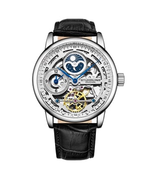 Herren-Automatikuhr mit silbernem Gehäuse, silbernem Zifferblatt und schwarzem Lederarmband
