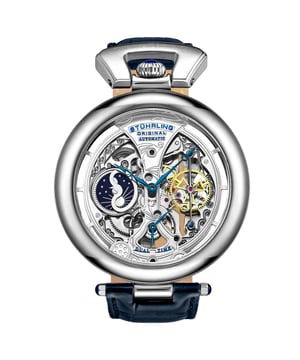Herren-Automatikuhr mit silbernem Gehäuse, silbernem Zifferblatt und blauem Alligatorlederarmband mit Prägung