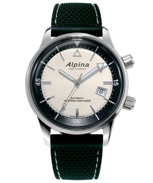 This Alpina Seastrong Diver Heritage Analogue Watch for Men is the perfect timepiece to wear or to gift. It's Silver 42 mm Round case combined with the comfortable Black Rubber watch band will ensure you enjoy this stunning timepiece without any compromise. Operated by a high quality Automatic movement and water resistant to 30 bars, your watch will keep ticking. This high quality watch has an automatic watch movement ( recharged by any movement with your wrist; never needs a battery) -The watch has a calendar function: Date, Swiss Made, Luminous Hands, Screw Down Crown High quality 21 cm length and 21 mm width Black Rubber strap with a Buckle Case diameter: 42 mm,case thickness: 12 mm, case colour: Silver and dial colour: Silver