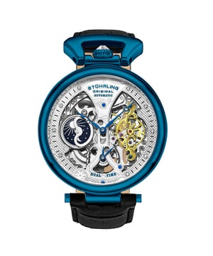 Herren-Automatikuhr mit blauem Gehäuse, silbernem Zifferblatt und schwarzem Lederarmband