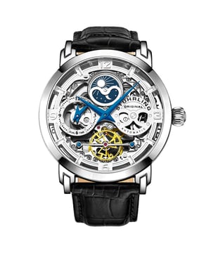 Herren-Automatikuhr mit silbernem Gehäuse, silbernem Zifferblatt, blauen Zeigern und schwarzem Lederarmband