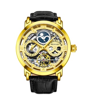 Herrenuhr Automatc Goldfarbenes Gehäuse, goldenes Zifferblatt, schwarzes Lederarmband