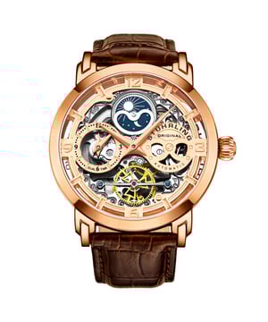 Herrenuhr Automatc mit roségoldenem Gehäuse, roségoldenem Zifferblatt und braunem Lederarmband