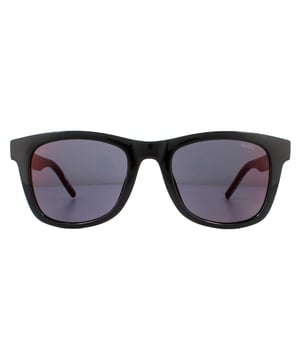 Las gafas de sol Hugo de Hugo Boss HG 1070/S 807 AO en negro brillante con espejo rojo son de estilo rectangular moderno, con patas de marca Hugo y lentes espejados.