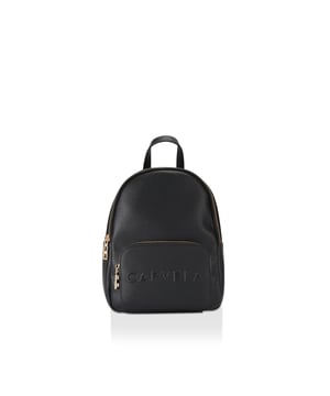 This Carvela Midi Frame Backpack features a textured black exterior. There is a front zipped pocket with embossed branding. Dimensions: 28cm (H), 21cm (L), 12cm (D). Maximum strap lengths: 100cm.