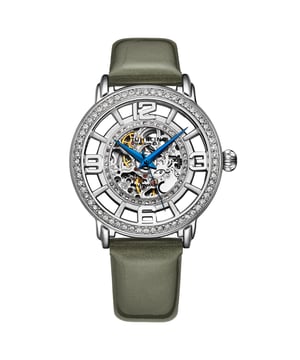 Damen Automatik Silber Gehäuse, Silber Kristall beschlagene Lünette, Silber skelettiertes Zifferblatt mit Gold getönten und roten Akzenten, blaue Zeiger, silberne Markierungen, grau patentierte Echtlederband Uhr