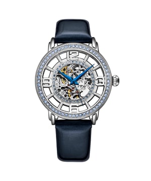 Damen Automatik Silber Gehäuse, Silber Kristall beschlagene Lünette, Silber Skelettiertes Zifferblatt mit Gold getönten und roten Akzenten, blaue Zeiger, silberne Markierungen, blaues patentiertes Echtlederarmband Uhr