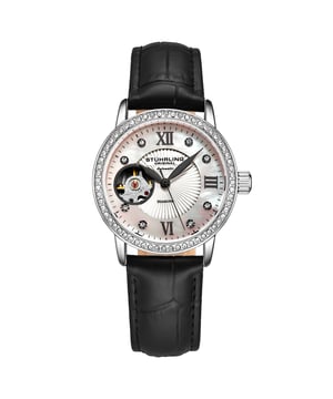 Damen Automatik Silber Gehäuse, Silber Kristall beschlagene Lünette, Weißes MOP-Zifferblatt, Schwarze Zeiger, Schwarze Kristallmarkierungen, Schwarzes Alligator geprägtes Echtlederarmband