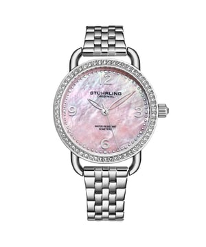 Damen Quarz Silber Gehäuse, Silber Kristall besetzte Lünette, MOP Rosa Zifferblatt, Silber Zeiger und Markierungen, TT Silber Link Armbanduhr