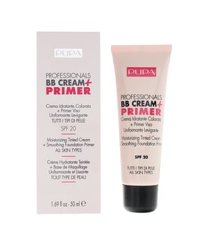 Pupa Professionals BB Cream and Primer ist eine getönte 5-in-1-Creme, die den Teint aufhellt, Unregelmäßigkeiten korrigiert, Feuchtigkeit spendet und vor UV-Strahlen schützt. Sie enthält Stevia-Extrakt und ist frei von Öl und Parabenen.