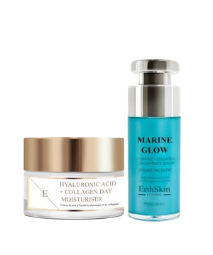 Ontdek de kracht van marine glow met ons serum en dagcrème, beide rijk aan vitamine C en collageen. Ons serum is ontworpen om de huid te verhelderen en te hydrateren, terwijl het ook helpt de huidcellen te herstructureren. Met een concentratie van vitamine C en collageen, dit serum werkt als een natuurlijke boost voor uw huid, vermindert oneffenheden en geeft uw huid een gezonde glans.
 
 Onze dagcrème is een voedende formule die de huid hydrateert en versterkt met hyaluronzuur en collageen. Deze crème is ideaal voor alle huidtypes en helpt de huidvochtigheid te behouden en maakt de huid elastischer. De combinatie van hyaluronzuur en collageen zorgt voor een diepe hydratatie en verbetert de textuur van de huid, waardoor deze zachter en soepeler wordt.
 
 Samen bieden deze producten een krachtige huidverzorgingsroutine die uw huid hydrateert, verheldert en verjongt. Geniet van de voordelen van marineglow en de natuurlijke ingrediënten voor een gezonde, stralende huid.
