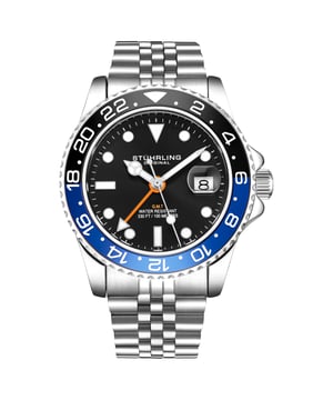 Herren-Diver, silbernes Armband, schwarzes Zifferblatt, blaue/schwarze Lünette
