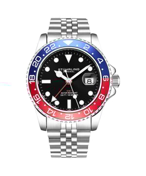 Herren Diver, Silbernes Armband, Schwarzes Zifferblatt, Rote/Blaue Lünette Uhr