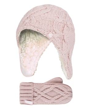 Introducing these cable cosy knitted-like design on hats and mittens for girls! For a much warmer and cosy feel, these Heat Holders matching set of hats and mittens include Heatweaver® insulation which is a plush fur-like thermal lining that maximizes the amount of warm air held close to the skin. Heat Holders use a specially developed thermal yarn provides high performance insulation against cold with superior moisture breathing abilities. Their stretchable construction contours around the natural shape of your body for improved fit, warmth and comfort. These hats feature an adorable pom pom detail on the top of the hat, and the end of the long ear flaps, further providing more warmth and comfort to your child's head. The mittens feature a cosy turn over cuff which enables you to adjust the cuff at the wrists. The cable knit design offers a Winter look which will complete any Winter ensemble! Whether you're looking to keep your daughter warm or look stylish, these cute hat and mittens will do just the job this Winter! Let your child play in snow whilst staying warm in these super soft winter collection. Stock up for the cold season with these lovely Heat Holders warm and mittens for your child. These hat and mittens come in 4 different colours of Frost Grey, Buttercream, Dusty Blue, and Dusky Pink. They are available in ages 3-6 years.