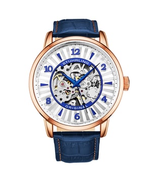 Herren-Automatikuhr mit roségoldenem Gehäuse, roségoldener Lünette, silbernem Zifferblatt, blauen Zeigern, blauen Markierungen und blauem Alligatorlederarmband mit Prägung