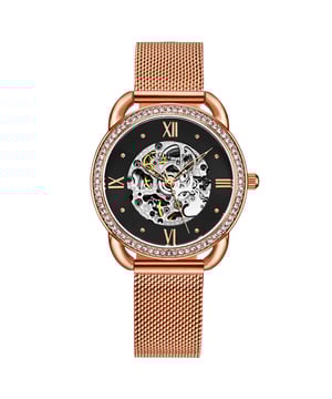 Damen-Automatikuhr mit roségoldenem Gehäuse, roségoldener, kristallbesetzter Lünette, schwarzem Zifferblatt, roségoldenen Zeigern und Markierungen, roségoldenem Mesh-Armband