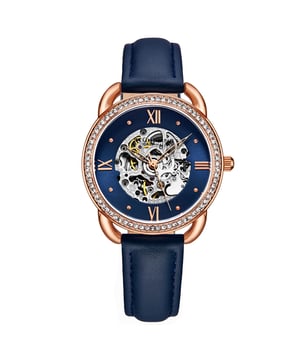 Damen Automatikuhr mit rosé/goldenem Gehäuse, rosé/goldener Lünette mit Kristallbesatz, blauem Zifferblatt, rosé/goldenen Zeigern und Markierungen, blauem Echtlederarmband