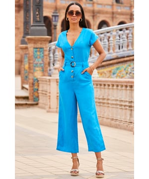 REASONS TO BUY:

Your summer wardrobe superhero
Lightweight linen fabric, breezy wide-leg style
Mood-boosting bright blue shade
Made-to-flatter V-neck and belted waist
Luxe tortoiseshell buckle and buttons
Perfect with mules or flat sandals