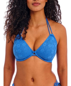 Freya Nomad Nights Halter Bikini Top. With a plunge neckline, crochet overlay and adjustable halter tie straps. This product is recommended as hand wash only.
