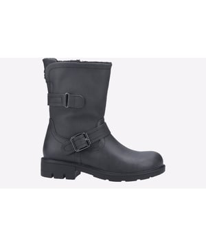 Add a stylish biker-inspired look to your wardrobe with the Divaz Whitney, crafted with a vegan friendly upper mixed with a warm microfibre mix lining. This Whitney features a classic silhouette with intricate stitch detailing and a wrap-around strap with buckle detailing for a designer finish. An inner side zip allows for easy on / off wear, with a durable rubber outsole for increased traction. This is high end fashionable footwear delivered to you at an affordable price and with an eco-conscious choice too!
 - Vegan friendly upper
 - Soft warm faux fur upper lining
 - Microfibre lower inner lining
- Inner side zip for easy on / off wear
 - Padded footbed
 - Durable grippy sole unit
 - Designer stitch detailing throughout
