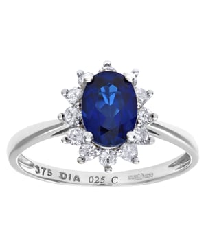 Oro blanco de 9 quilates (375): 1,8 g; # Diamante: 0,25 quilates; # Zafiro: 1.09ct