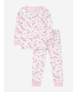 Presenting the Girls Believe In Magic Printed Pyjamas in White. A gifting essential that encapsulates whimsy and luxury for your little girl's sleepwear collection. Here are the highlights:  Lively Print: The enchanting magic-themed print adds a whimsical, trendy flair, making it a delightful centerpiece. Luxurious Comfort: Crafted with high-quality fabric, these pyjamas provide unrivaled comfort for your princess's dreamy escapades.  revitalise your girl's sleep attire with this charming piece from the distinguished Magnolia Baby collection. Get yours today for a magical bedtime experience!