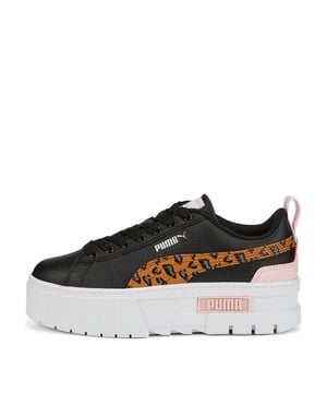 The Puma Mayze Wild Men's Trainers are a modern take on classic sneaker design, offering a trendy look that complements various casual outfits. These trainers are the perfect blend of fashion and function, and their sleek black colorway adds a touch of sophistication to your wardrobe, making them suitable for everyday wear.

Key Features:

 Sleek Design:  These trainers feature a contemporary and minimalist design with clean lines and a monochromatic black color, making them a versatile addition to your casual wardrobe.

 Comfortable Cushioning:  The trainers are equipped with a comfortable midsole that provides cushioning and support for all-day comfort during various activities.

 Durable Upper:  The upper is constructed with a combination of synthetic and textile materials, offering durability, breathability, and support for everyday wear.

 Lace Closure:  The trainers have a lace-up closure, allowing you to customize the fit to your liking, providing a secure and comfortable feel.

 Padded Collar:  The padded collar and tongue offer additional comfort and support while reducing the risk of chafing or discomfort.

 Puma Branding:  These trainers prominently feature Puma branding, showcasing the brand's commitment to quality and style.

 Versatile Styling:  The black color scheme of these trainers allows for easy pairing with a wide range of casual outfits, from jeans and joggers to shorts and more.

 Wild Badge Detailing:  The trainers feature subtle "Wild" badge detailing, adding a unique and trendy touch to the design.